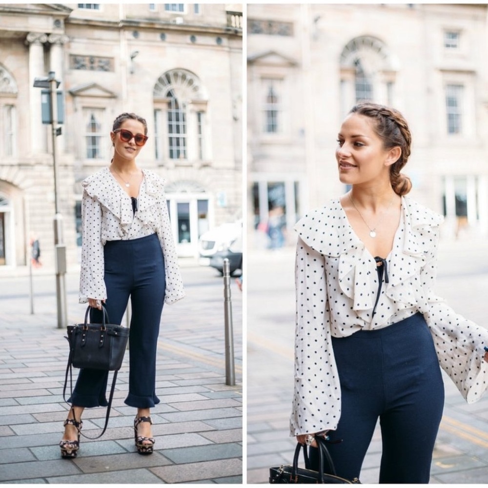 Topshop Black White Ruffle Polka Dot Tie Front Blouse Size 8